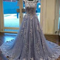 Unique Round Neck Lace Tulle Long Prom Dress, Lace Evening Dress, Dusty Blue Prom Dresses, Blue Lace Prom Dress, Modest Prom Dresses - Thumbnail 1