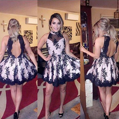 Short homecoming dress, halter homecoming dress, lace homecoming dress, keyhole back homecoming dress, a-line homecoming dress