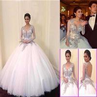 Cheap V-neck Long Sleeve Silver Lace Open Back Ball Gown Wedding Dresses - Thumbnail 1