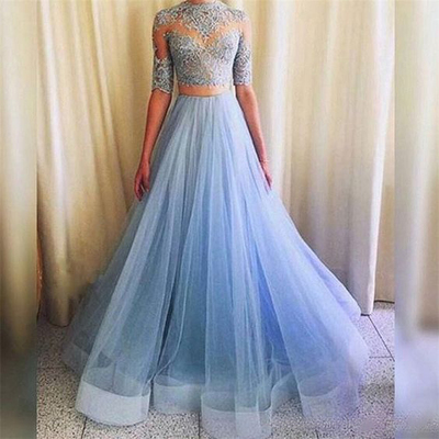 Long prom dress, two piece prom dress, half sleeve prom dress, lace prom dress, tulle prom dress, blue prom dress, PD15118
