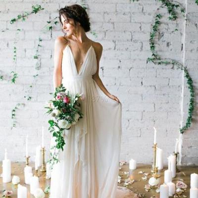 Wedding dress,ivory plunging v neck straps wedding dress,backless long prom dress