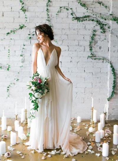 Wedding Dress,Ivory Plunging V Neck Straps Wedding Dress,Backless Long Prom Dress