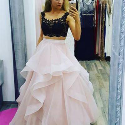 Stylish a-line two-piece balck lace top tulle long prom dress