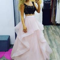 Stylish A-Line Two-Piece Balck Lace Top Tulle Long Prom Dress - Thumbnail 1
