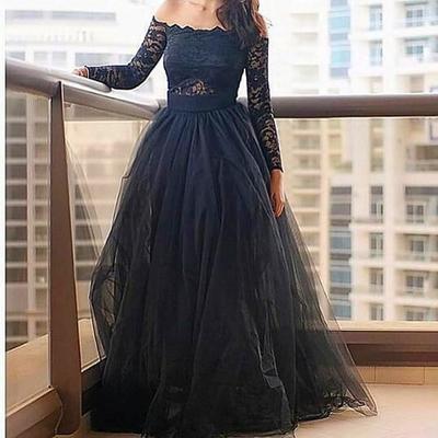 Modern off-the-shoulder black prom dress with lace long sleeve