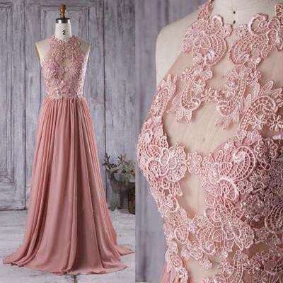 Halter applique formal long lace bridesmaid prom dresses