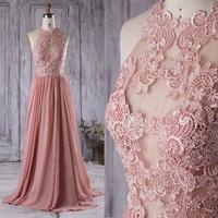 Halter Applique Formal Long Lace Bridesmaid Prom Dresses - Thumbnail 1