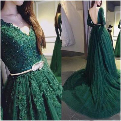 Dark Green Long Sleeves Backless Applique Long Prom Dresses