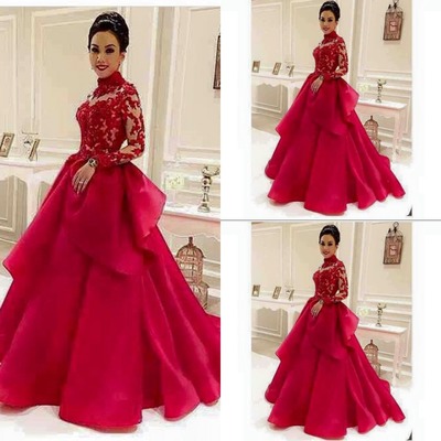 High-neck red see-through long-sleeve lace evening-dresses dubai style muslim formal evening dress
