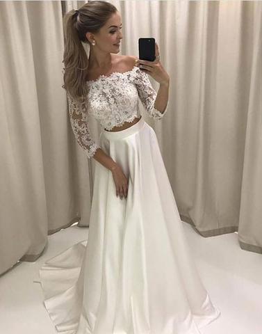 Sexy White 2 Piece Long prom dress wedding dress