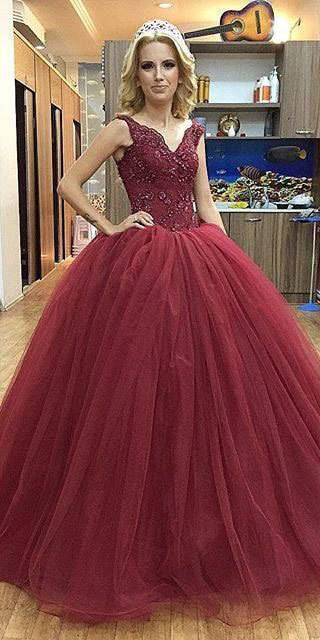 Ball Gowns V Neck Tulle Prom Dresses, Birthday Dresses, Quinceanera Dresses with Appliques Beaded