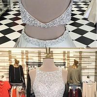 Grey open back prom dresses ,glitter halter top, bare midriff, flowing solid silk skirt. - Thumbnail 1