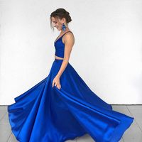 Simple blue two pieces long prom dress, blue evening dress - Thumbnail 1