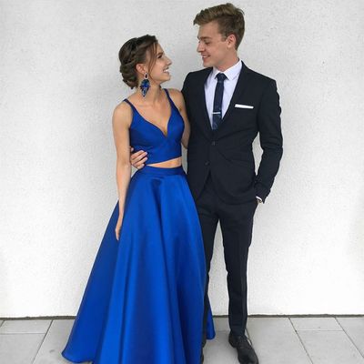 Simple blue two pieces long prom dress, blue evening dress