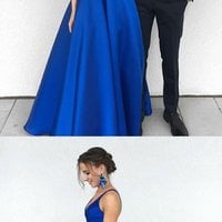 Simple blue two pieces long prom dress, blue evening dress - Thumbnail 2