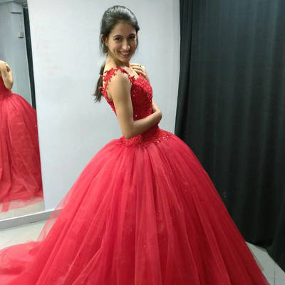 Tulle Ball Gown Prom Dress, Appliques Lace Formal Evening Dress