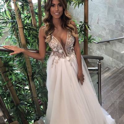 Charming prom dress, sexy prom dress, deep v neck evening dress, tulle formal dress