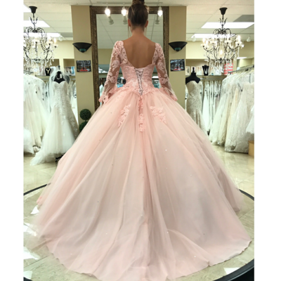 Sexy long sleeve pink tulle wedding dress,appliques lace ball gown wedding dresses, formal wedding gown