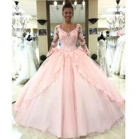 Sexy long sleeve pink tulle wedding dress,appliques lace ball gown wedding dresses, formal wedding gown - Thumbnail 1