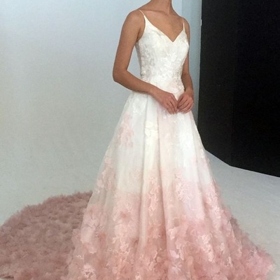 V-neck evening dress,silk organza formal dress,ball gown with floral embroidery applique, silk wedding dresses  