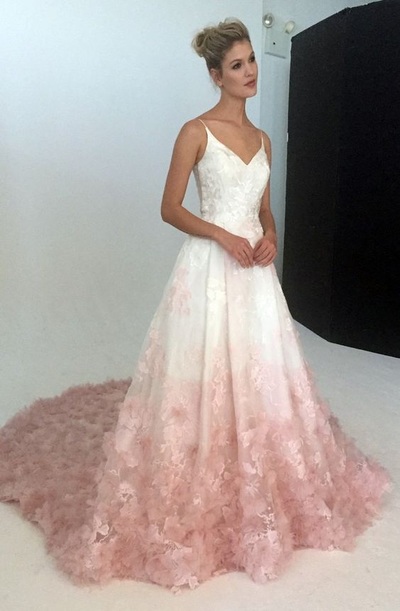 V-Neck Evening Dress,Silk Organza Formal Dress,Ball Gown with Floral Embroidery Applique, Silk wedding dresses  
