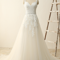 Sleeveless Lace Appliqué Sweep Train Wedding Dress with Plunging Sweetheart Neckline - Thumbnail 1