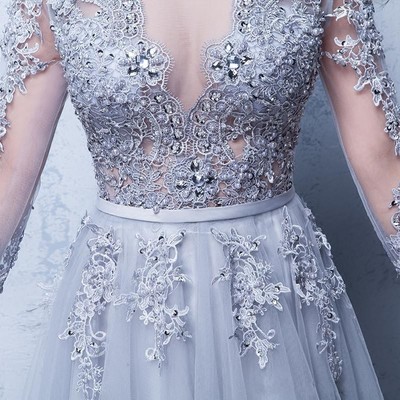 Lace formal dresses, 2017 prom dresses, gray prom dresses, lace applique beads crew neck long sleeves prom evening dress
