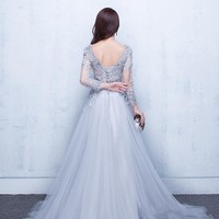 Lace Formal Dresses, 2017 Prom Dresses, Gray Prom Dresses, Lace Applique Beads Crew Neck Long Sleeves Prom Evening Dress - Thumbnail 2