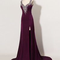 Vestido Longo De Formatura Sexy Backless Crop Top Rhinestone Long Purple Prom Dresses Fast Shipping Real Pictures Customize - Thumbnail 1