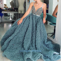 Luxury Emerald Wedding Dress Straps A Line Crystals Beads Bridal Gown Custom New - Thumbnail 1