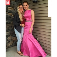 Satin Chiffon Round Evening Dress Hot Sale Sleeveless Sweep/Brush Train Backless Crystal Mermaid Evening Dress - Thumbnail 1