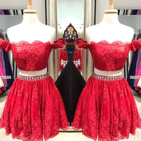 Charming Prom Dress,Two Piece Prom Gown, Lace Homecoming Dress - Thumbnail 1