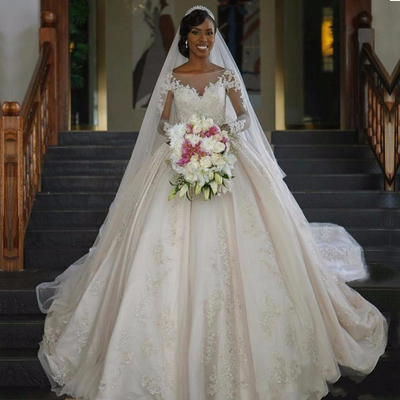 Vestido de noiva ball gall wedding dresses sexy boat neck long sleeves court train lace applique trouwjurk bride gowns