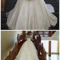 Vestido de Noiva Ball Gall Wedding Dresses Sexy Boat Neck Long Sleeves Court Train Lace Applique Trouwjurk Bride Gowns - Thumbnail 1