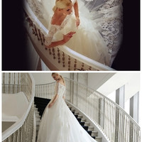 Off-The-Shoulder Half Sleeves Lace Cathedral Train Ball Gown Wedding Dresses - Thumbnail 1