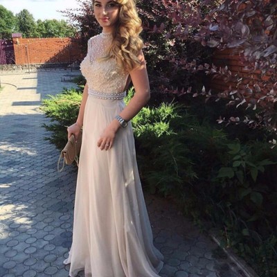 Vestidos de festa long prom dresses o-neck cap sleeve backless sweep train chiffon with beading evening dresses party gowns