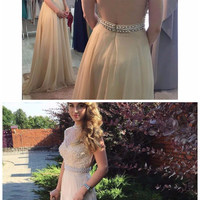 Vestidos De Festa Long Prom Dresses O-Neck Cap Sleeve Backless Sweep Train Chiffon with Beading Evening Dresses Party Gowns - Thumbnail 1