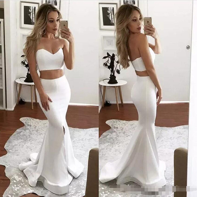 Mermaid sexy sweetheart front-split sleeveless two-piece white prom dress