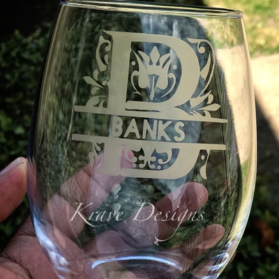 Monogram etched stemless wine glass