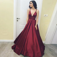 Burgundy A -line v neck long prom dress, burgundy evening dress - Thumbnail 1