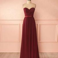 Simple A-line chiffon burgundy long prom dress, burgundy evening dress - Thumbnail 1