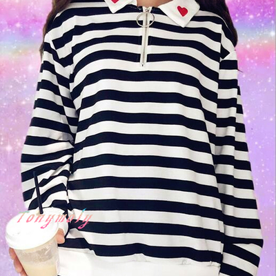 Heart collar stripe long sleeve polo shirt with zipper - Thumbnail 5