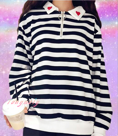 Heart Collar Stripe Long Sleeve Polo Shirt with Zipper