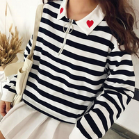 Heart Collar Stripe Long Sleeve Polo Shirt with Zipper - Thumbnail 2
