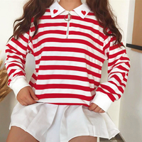 Heart Collar Stripe Long Sleeve Polo Shirt with Zipper - Thumbnail 3