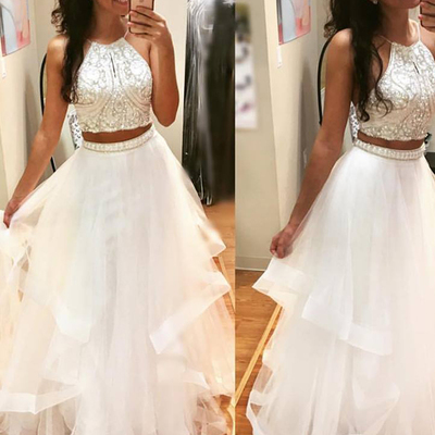 A-line scoop floor-length sleeveless tulle prom dress/evening dresses