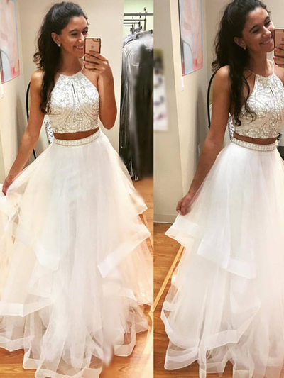 A-line Scoop Floor-length Sleeveless Tulle Prom Dress/Evening Dresses