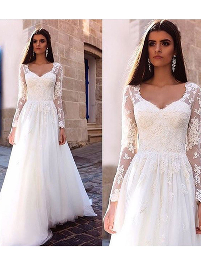 A-line Square Floor-length Long Sleeve Tulle Prom Dress/Evening Dresses