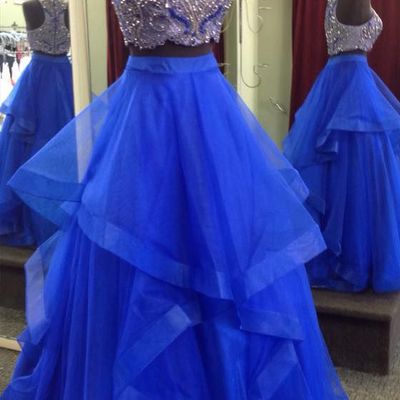Royal blue two piece prom dresses,beaded bodice tulle skirt sweet 16 dresses,ball gown formal dresses - Thumbnail 4