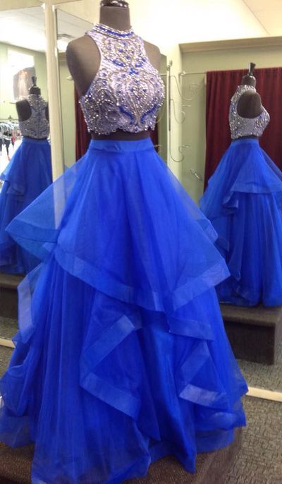 Royal Blue Two Piece Prom Dresses,Beaded Bodice Tulle Skirt Sweet 16 Dresses,Ball Gown Formal Dresses